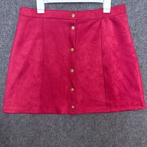 Persun Women’s Mini Skirt Red Suede XL Snap Front A-Line Hippie Boho